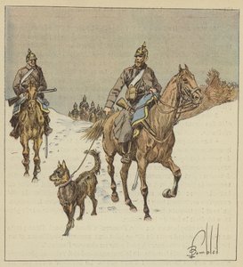 Cavalieri prussiani in ricognizione, preceduti da cani tenuti al guinzaglio da after Louis Charles Bombled