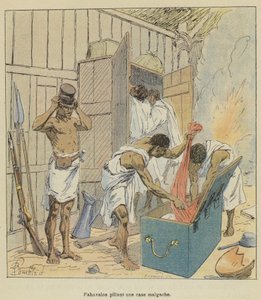 Fahavalos che saccheggiano una capanna malgascia da after Louis Charles Bombled