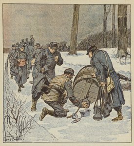 I soldati della fanteria di marina riempiono le loro borracce da una botte di rum da after Louis Charles Bombled