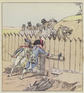 Un sergente della guarnigione di San Giorgio riconosce gli ussari austriaci dai loro mantelli nuovi da after Louis Charles Bombled