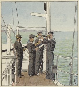 Vedette giapponesi che osservano la flotta di Port-Arthur da after Louis Charles Bombled