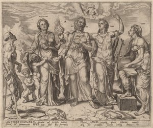 Uomo Assistito da Fede, Speranza e Carità da after Maerten van Heemskerck