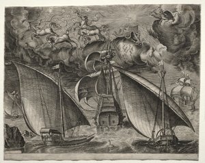 Navi a Vela: Due Galee che Navigano Dietro un Tre Alberi Armato con Fetonte e Giove nel Cielo da after Pieter Bruegel