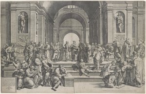 La scuola di Atene. Pub. 1550 da after Raphael
