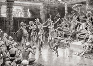 Impressione di un artista del XIX secolo di Gautamiputra Satakarani che celebra la sua vittoria su Nahapana, da Hutchinsons History of the Nations, pub.1915 da after Robert Dudley