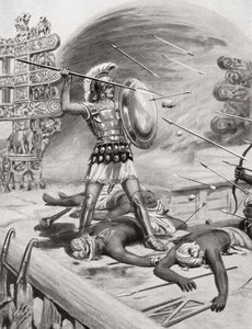 Alessandro Magno combatte gli Assacani nella città fortificata di Massaga, India durante la sua Campagna Indiana nel 326 a.C., da Hutchinsons History of the Nations, pub.1915 da after Robert Dudley