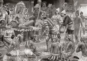 Pulakeshin II, il Chalukaya, riceve inviati dalla Persia a Badami, da Hutchinsons History of the Nations, pub.1915 da after Robert Dudley