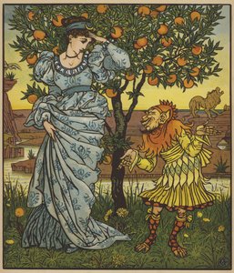 Il nano giallo salva la principessa dai leoni da after Walter Crane