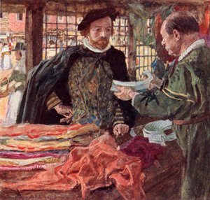 Shakespeare in un negozio di merceria per comprarsi uno dei nuovi colletti cadenti che stanno sostituendo i ruche da after William Hatherell