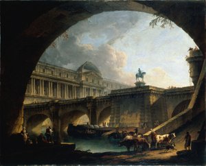 Francese: Capriccio architettonico: un palazzo ispirato al Louvre e al Pont-Neuf s