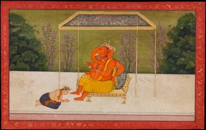 "Indra adora il dio dalla testa di elefante Ganesha, seduto su un trono". Folio della serie Tehri Garhwal della Gita Govinda