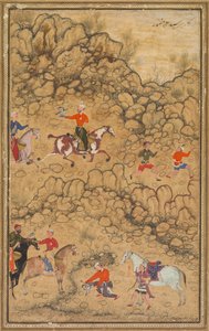 Caccia con i falchi in un paesaggio; Verso: Calligrafia di poesie turche Chaghatai in lode del vino, Sultan Muhammad Nur (Persiano, circa 1472-1536) e Mirza Muhammad (probabilmente Persiano, attivo circa 1520) da attributed to Abd al Samad (Persian, c. 1510–1600)