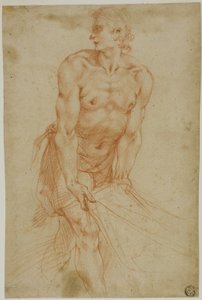 Uomo che tira il lenzuolo: Studio per la sepoltura [Sacrestia della Certosa di San Martino, Napoli, 1596].