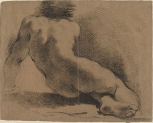 Ragazzo nudo seduto visto di schiena