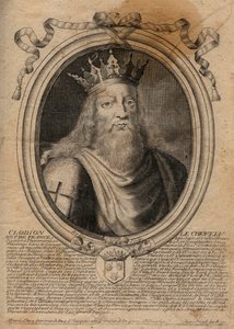 Clodione detto "Le Chevelu" (428-448), antenato dei Merovingi, capo dei Franchi Salii - Clodione Il Capelluto (c.428-47) Re di una Tribù dei Franchi Salii - incisione da 
