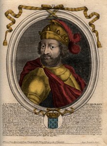 Ritratto di Lotario (941-986), Re dei Franchi - Incisione da "Les Augustes Representations de tous les Rois de France da Pharamond a Luigi XIV", Parigi da de Larmessin
