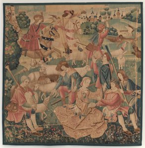 Scene di caccia e pastorali, con un eroe incoronato tra le donne da design probably French 16th Century, Paris; woven in southern Netherlands or Paris in an undetermine workshop