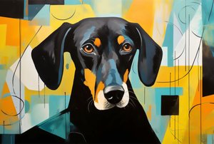 Un cane sdraiato sul pavimento, astratto colorato