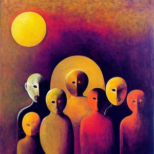 Folla astratta con volti espressivi, arte figurativa surreale