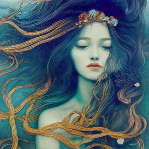 Ragazza bella con capelli al vento, astratto