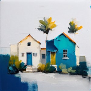 Dipinto astratto minimalista di cottage colorati