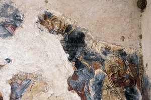 Angelo e santo, dettaglio di un affresco nella chiesa di Agios Georgios Apodoulou, Apodoulou, Creta, Grecia (foto) da Theodore Charles Ange Coquelin
