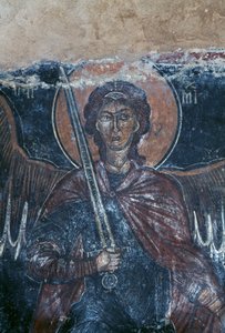 Angelo con spada, affresco nella chiesa bizantina di San Giorgio, Komitades, Creta, Grecia (foto)