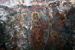 Cristo con angeli e santo, affresco nella chiesa di Panagia, Kitiros, Creta, Grecia (foto) da Theodore Charles Ange Coquelin