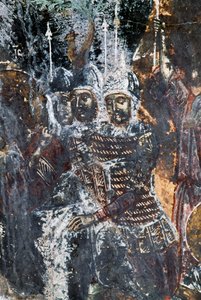 Soldato, affresco danneggiato sul soffitto della chiesa di Agios Vasileios, Vavouledo, Creta, Grecia da Theodore Charles Ange Coquelin