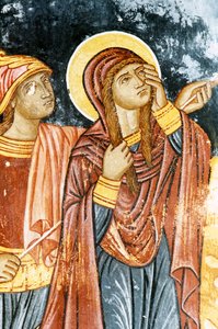 San Longino e Maria, scena della Crocifissione, affresco nel monastero di Mikro Sotiris, isola di Symi, Grecia (foto)