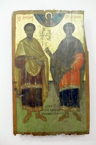 Santi, pittura su legno nel monastero di Arkadi, Creta, Grecia