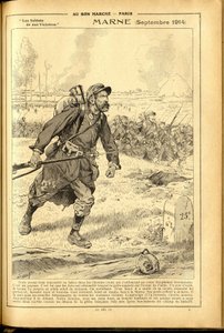 Agenda Buvard du Bon Marché 1917 - Illustrazione di Job: Marna settembre 1914 - Guerra del 14-18, Marna, Grandi Battaglie, Battaglia della Marna - Soldati da pseudonym for Onfray de Breville Jacques Job