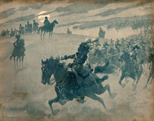 Allegoria di Joachim Murat che passa con la sua cavalleria davanti a Napoleone I Bonaparte. Incisione di Jacques Marie Gaston Onfray de Breville detto Job da pseudonym for Onfray de Breville Jacques Job