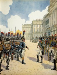 A Schoebrunn, Napoleone I Bonaparte (1769-1821) rivede le truppe prima della battaglia di Wagram il 5 e 6 luglio