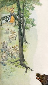 Pastore che custodisce le sue pecore in campagna, sotto lo sguardo minaccioso di un lupo - Illustrazione di Job per il libro "La Cantiniere" di G. Montorgueil