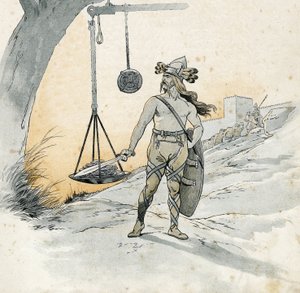 Cattura di Roma (Riscatto di Roma nel 390 a.C.). Storia di Brenno, capo guerriero gallico che pronunciò la terribile frase Vae Victis (guai ai vinti). in "Francia, la sua storia raccontata da G. Montorgueil, illustrata da Job" 1896. Collezione privata da pseudonym for Onfray de Breville Jacques Job