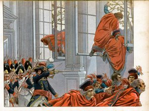 Consolato: Joachim Murat entra nella Camera del Consiglio dei Cinquecento con 50 uomini per cacciare i Senatori durante il colpo di stato del 18 brumaio (9/11/1799) che pose fine al Direttorio e diede vita al Consolato da pseudonym for Onfray de Breville Jacques Job