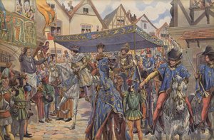 Folle per le strade di Parigi che salutano Luigi XI mentre arriva dalla Borgogna per reclamare il suo regno dopo la morte di suo padre, Carlo VII da pseudonym for Onfray de Breville Jacques Job