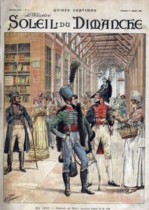 Ognuno il suo fiore. Un soldato comprò fiori da una venditrice in una galleria coperta a Parigi nel 1816. Da un acquerello di Mr. Job. Incisione in "Le sun-du-dimanche", 1 gennaio 1899