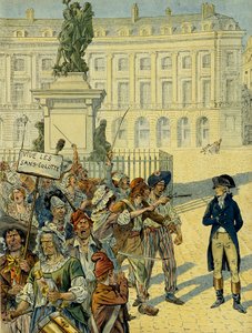 Rivoluzione francese 1789: Napoleone I Bonaparte (1769-1821) minacciato dalla folla dei sanculotti il 10 agosto 1792 vicino alla statua di Luigi XIV (1638-1715) di Desjardins prima che fosse rovesciata, Place des Victoires a Parigi. Illustrazione da pseudonym for Onfray de Breville Jacques Job