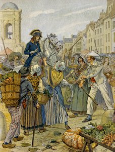 Rivoluzione francese 1789: Napoleone I Bonaparte (1769-1821) preso dalla popolazione rivoluzionaria e dai sanculotti a Les Halles. Illustrazione di Jacques Marie Gaston Onfray de Breville detto JOB (1858-1931). Collezione privata da pseudonym for Onfray de Breville Jacques Job