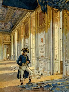 Rivoluzione Francese del 1789: Napoleone I Bonaparte nella Sala del Trono al Palazzo delle Tuileries dopo il passaggio dei rivoluzionari che saccheggiarono il luogo. Il muro recita: "Il regno è abolito." Illustrazione di Jacques Marie Gaston Onfray da pseudonym for Onfray de Breville Jacques Job