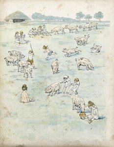 Bambini gallici che giocano con i maiali in un campo. in "France, his story told by G. Montorgueil, imagee by Job" 1896. Collezione privata da pseudonym for Onfray de Breville Jacques Job