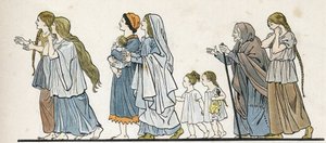 Donne contadine galliche con i loro bambini. in "France, her story told by G. Montorgueil, imagee by Job" 1896. Collezione privata da pseudonym for Onfray de Breville Jacques Job