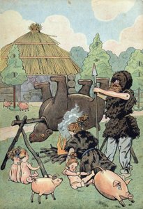 Storia della Francia. Scena della Gallia barbarica con giocattoli: un gallo e un gallo vestiti di pelle di bestia cucinano un orso per nutrire la loro famiglia. in 