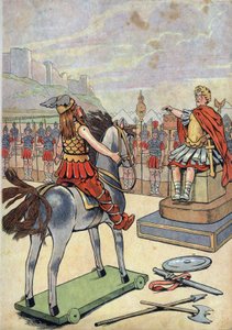 Storia della Francia. Scena della Gallia romana con giocattoli: il capo gallico Vercingetorige (72-46 a.C.) si arrende al capo romano Giulio Cesare (100-44 a.C.) dopo la battaglia di Alesia nel 52 a.C. in 