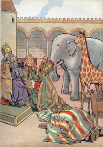Storia di Francia. Scena della vita di Carlo Magno nei giocattoli: il califfo Haron Al Rashid dona al re di Francia Carlo Magno (742-814) una giraffa, un elefante e un orologio. In "Joujoux a l