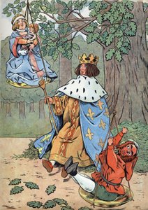 Storia di Francia. Scena della vita di San Luigi con giocattoli: il re Luigi IX noto come San Luigi (1214-1270) rende giustizia ai piedi di una quercia. In "Joujoux à l