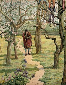Storia della Francia nel Medioevo: Re Luigi XI detto il Prudente (1423-1483) nei giardini del castello di Plessis-les-Tours, Indre e Loira. Si vedevano persone impiccate agli alberi da pseudonym for Onfray de Breville Jacques Job