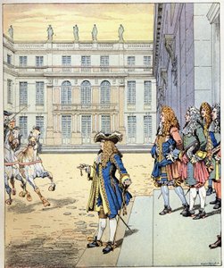 Ho quasi aspettato! parole del re di Francia Luigi XIV detto Re Sole pronunciate davanti al castello di Versailles mentre le sue carrozze arrivavano al momento preciso. Illustrazione di Job